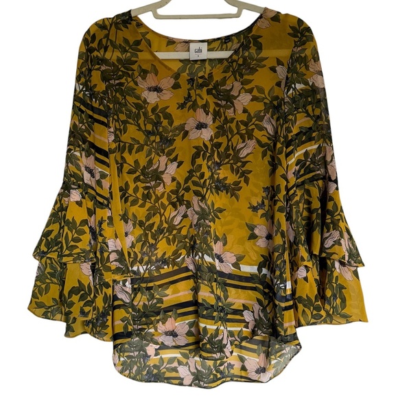 Cabi Spring Scene Yellow Floral Sheer Bell Sleeves Blouse Size Small - Picture 1 of 9